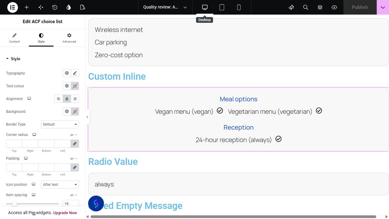 ACF choice list widget and its controls in the Elementor editor