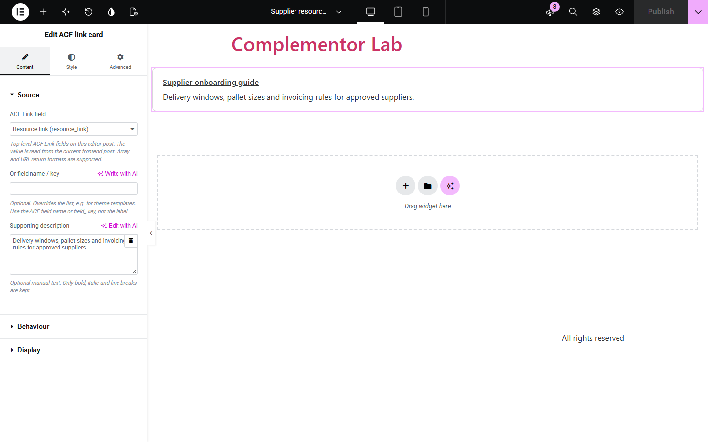 ACF link card Content tab with the ACF Link field picker and supporting description