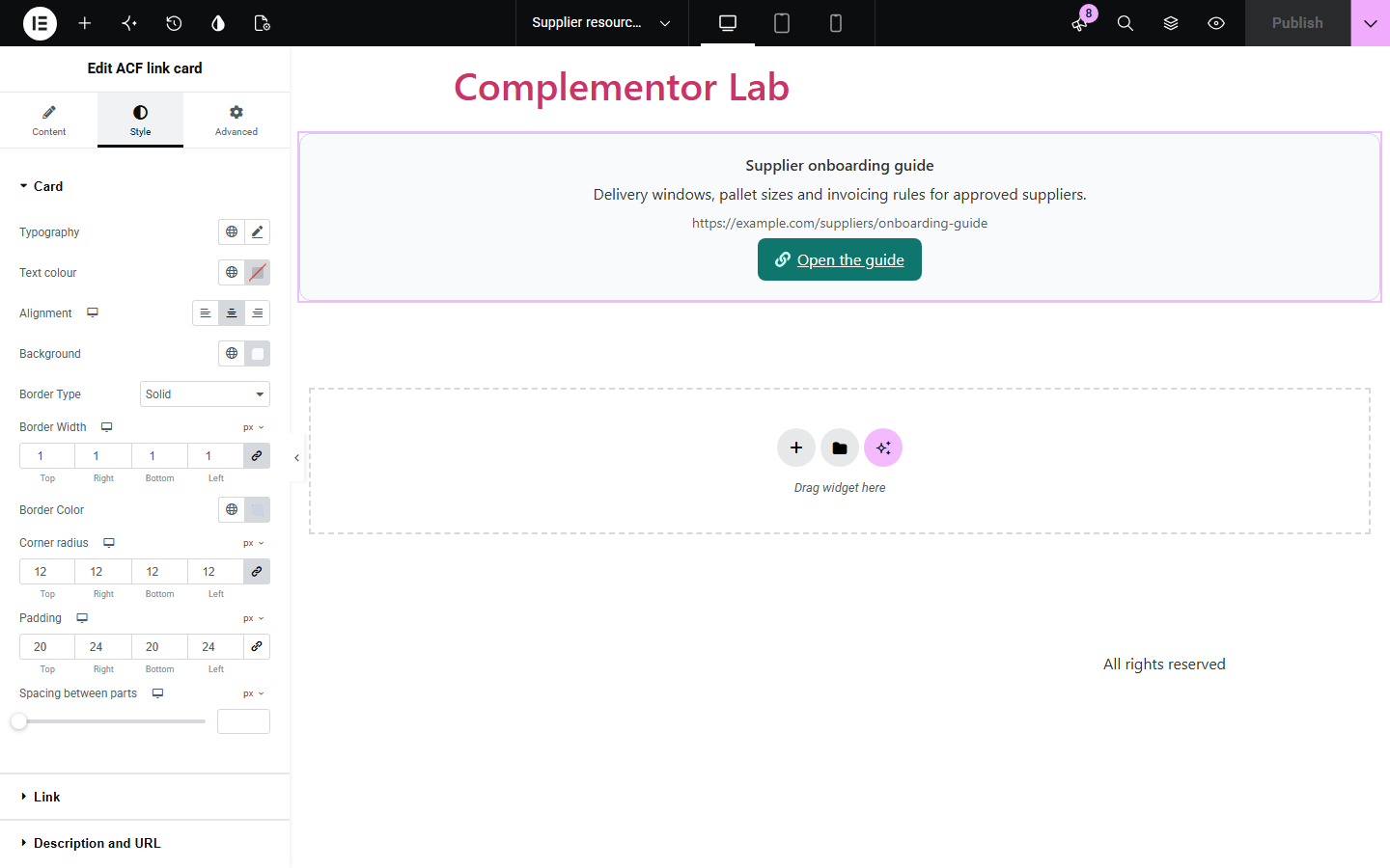 ACF link card Style tab in the Elementor editor with a bordered card and teal action link