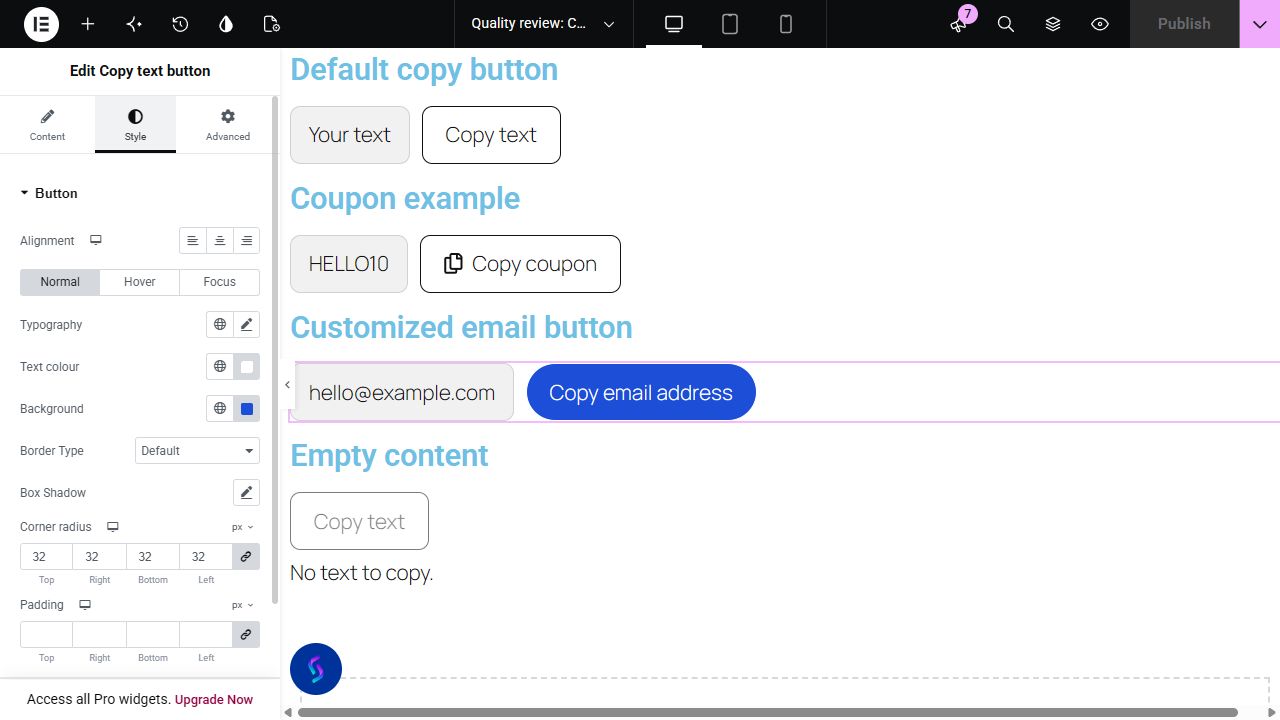 Copy text button widget and its controls in the Elementor editor