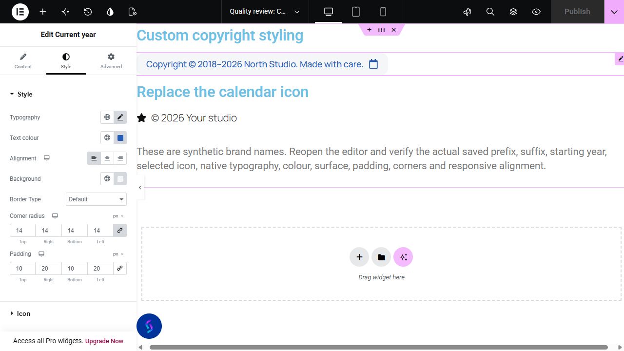 Current year widget and its controls in the Elementor editor
