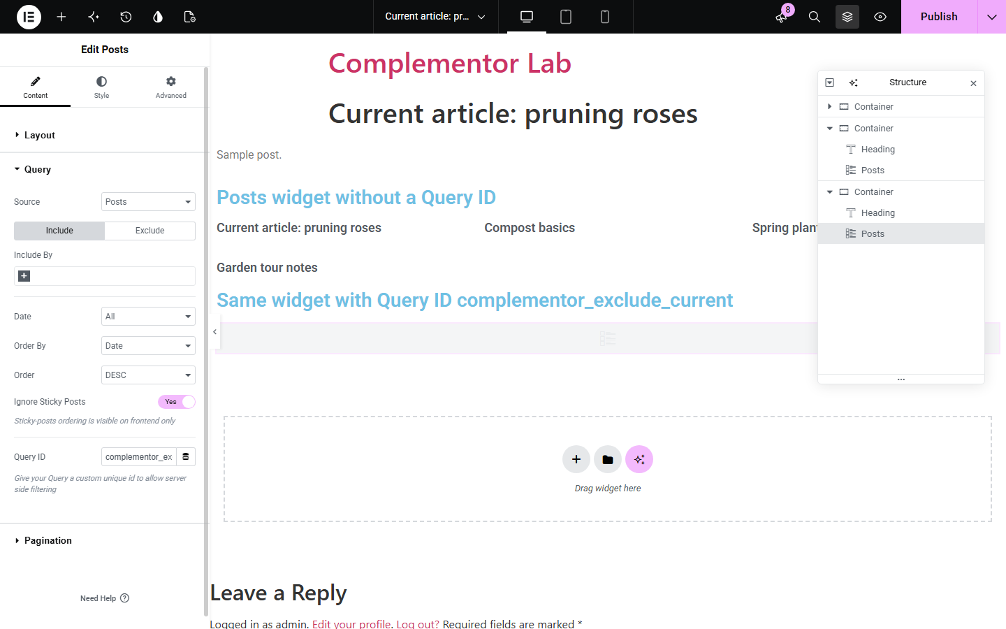Elementor Pro Posts widget Query section with Query ID complementor_exclude_current