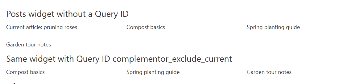 Published post with two Posts widgets; the second list omits the current article