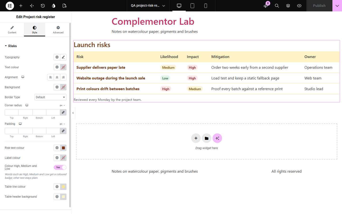 Project risk register Style tab with a three-row amber risk table and coloured likelihood and impact badges