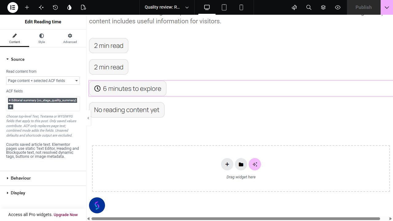 Reading time widget and its controls in the Elementor editor