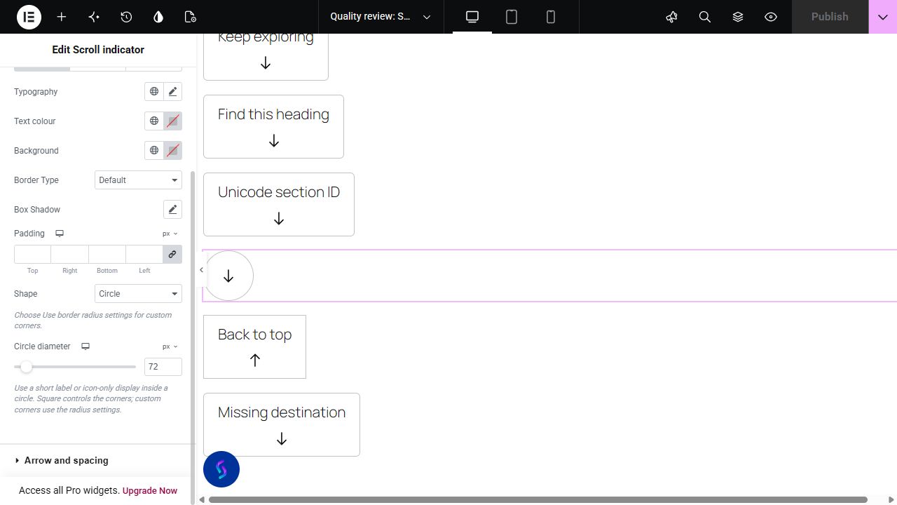 Scroll indicator widget and its controls in the Elementor editor