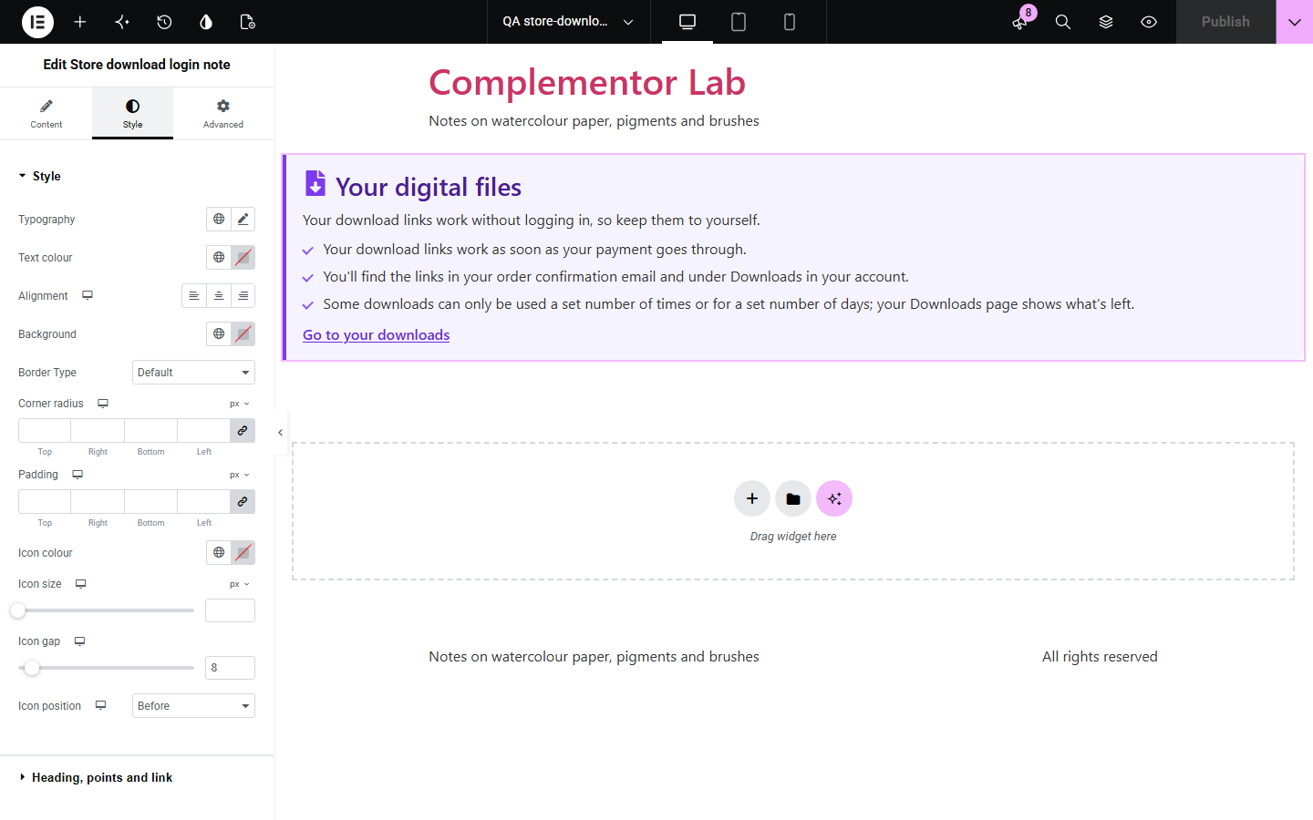 Store download login note in the Elementor editor showing a violet note about getting downloads