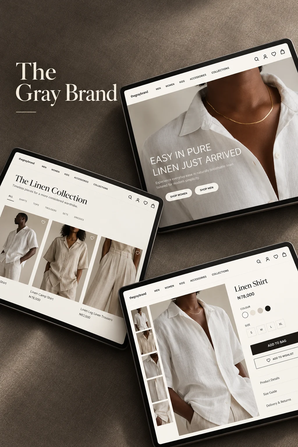 The Gray Brand website presented on angled screens